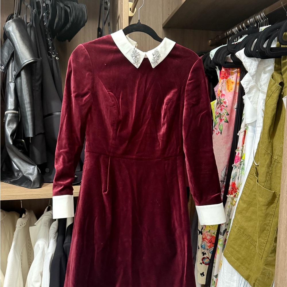 Ted Baker Velvet Burgundy Dress with White Collar